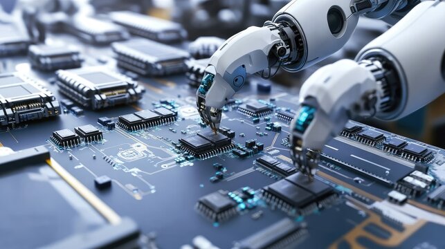 A fully automated PCB assembly line with robotic arms installing components on circuit boards, with a focus on quality control in electronics manufacturing.