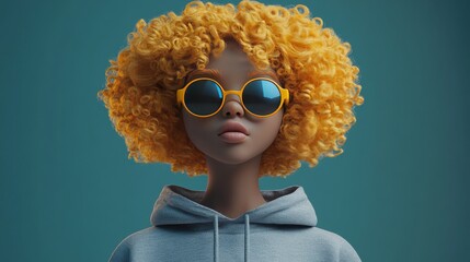 A stylized digital portrait featuring a woman with vibrant curly hair wearing round sunglasses and a hoodie. The minimalist teal background enhances the modern, bold aesthetic, suitable for creative