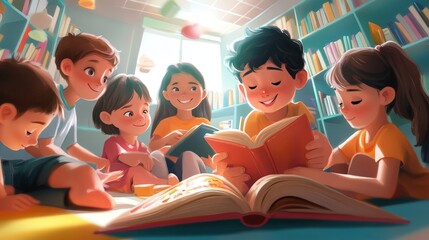 A group of children engrossed in a book, sharing ideas and stories, promoting literacy, imagination, and teamwork in a bright, cheerful environment.