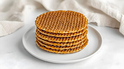 Delicious Thin Crispy Dutch Waffles Stacked on White Plate