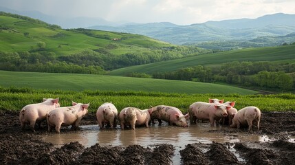 Fototapeta premium A group of pigs happily wallowing in a mud bath at a farm, with a beautiful countryside landscape featuring rolling green hills.