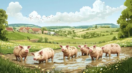 Obraz premium A group of pigs happily wallowing in a mud bath at a farm, with a beautiful countryside landscape featuring rolling green hills.
