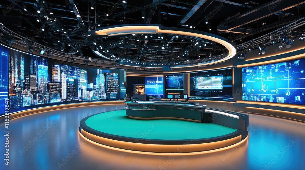 Poster a high-tech tv studio set with a green screen background, designed for virtual news programs and 3d 