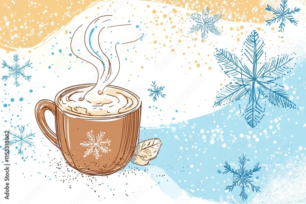 Poster cozy winter doodle featuring a steaming mug of hot chocolate surrounded by snowflakes and a frosty a
