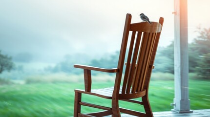 Rustic wooden chair on a porch with warm sunlight and inviting outdoor scenery
