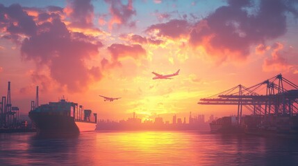 Fototapeta premium A logistics port at sunrise with cargo ships and cargo planes, cranes moving containers, representing global import/export and transportation.