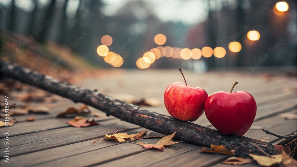 Aufkleber romantic heart-shaped apples on branch with bokeh background - stock photo