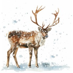 Obraz premium Reindeer with large antlers standing in falling snow, a watercolor painting perfect for winter and christmas themes
