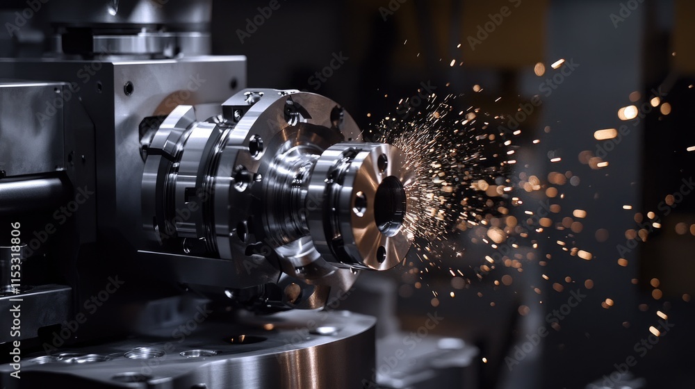 Poster a metalworker finishing a metal part on a lathe grinder machine, with sparks flying in every directi
