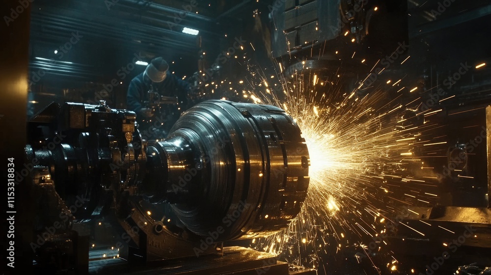 Poster a metalworker finishing a metal part on a lathe grinder machine, with sparks flying in every directi