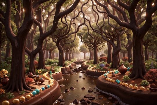 Chocolate forest with chocolate trees, a flowing chocolate river between them, colorful candy-coated dragees along the banks