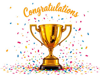 Realistic Golden Trophy surrounded by falling confetti, isolated on white background. Vector Illustration
