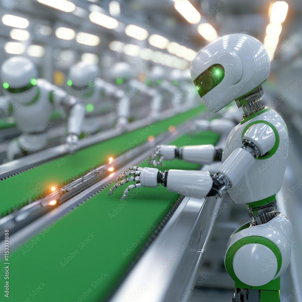 Aufkleber automated robotic assembly line futuristic factory robots at work