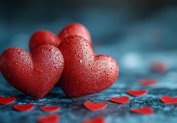 Fototapeta premium Three Red Hearts Stacked on a Blue Background Symbolizing Love, Romance, and Affection with Ample Negative Space Happy Valentine Day