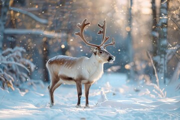 Obraz premium Reindeer with large antlers standing in a snowy forest during a light snowfall, creating a magical winter scene