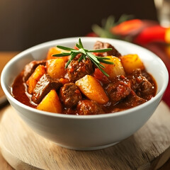 Hearty Hungarian Goulash with Tender Meat and Vegetables in Bowl