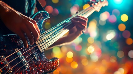 Naklejka premium A detailed shot of a musician playing an electric bass guitar, with colorful bokeh lights creating a vibrant background. The image conveys the energy of live music performance and creativity.. AI