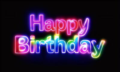 Stylized 'Happy Birthday' text in vibrant rainbow colors, glowing softly against a deep black background - Powered by Adobe