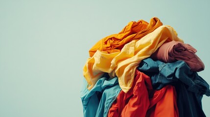 A pile of colorful, neatly folded clothes placed on a white surface, perfect for showcasing laundry, organization, or fashion-related themes.