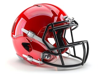 Red American football helmet with black facemask, isolated on white background. (1)