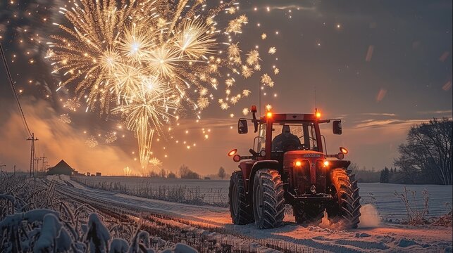 A country side in the winter with wide open lands with in the back a tractor. In the background and a lot of fireworks.
