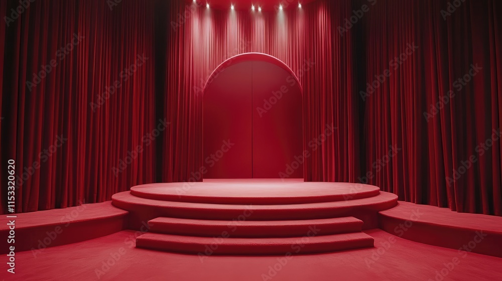 Poster a red carpet on a red stage with red curtains, setting the scene for a glamorous event or awards cer