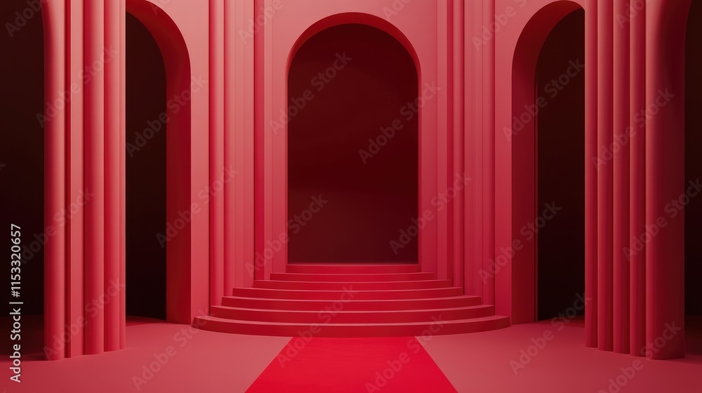 Poster A red carpet on a red stage with red curtains, setting the scene for a glamorous event or awards ceremony with an atmosphere of luxury.