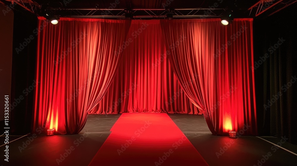 Poster A red carpet on a red stage with red curtains, setting the scene for a glamorous event or awards ceremony with an atmosphere of luxury.