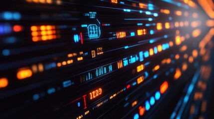 Abstract digital data stream, glowing lines and numbers.