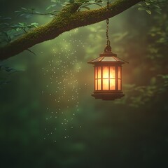 Illuminated Lantern Hanging From Mossy Tree Branch In Forest