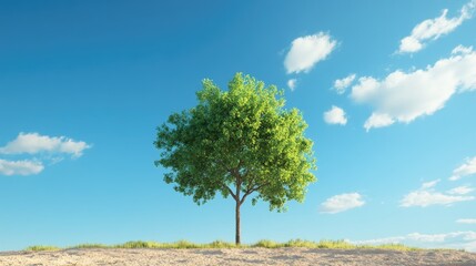 A resilient green tree in a desert landscape under a bright blue sky, representing the beauty of environmental sustainability.