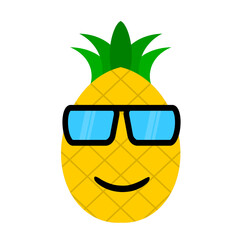 Cute pineapple cartoon style face with trendy black frame glasses illustration. Vector illustration fruit pineapple with a smiling expression in summer sunglass. fruit summer clip art mascot