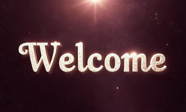 Elegant 'Welcome' text in rose gold cursive with delicate sparkle effects on a matte black velvet-textured background
