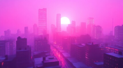 Pink city sunrise, foggy cityscape.