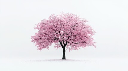 A sakura tree with vibrant pink flowers standing alone against a clean, white background, embodying the spirit of Japanese spring.