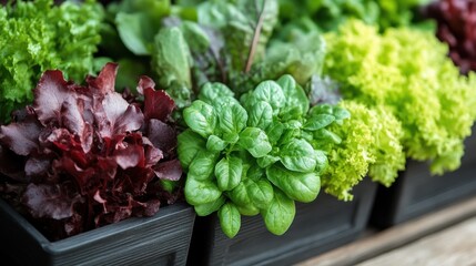 Colorful fresh lettuce varieties in black pots.