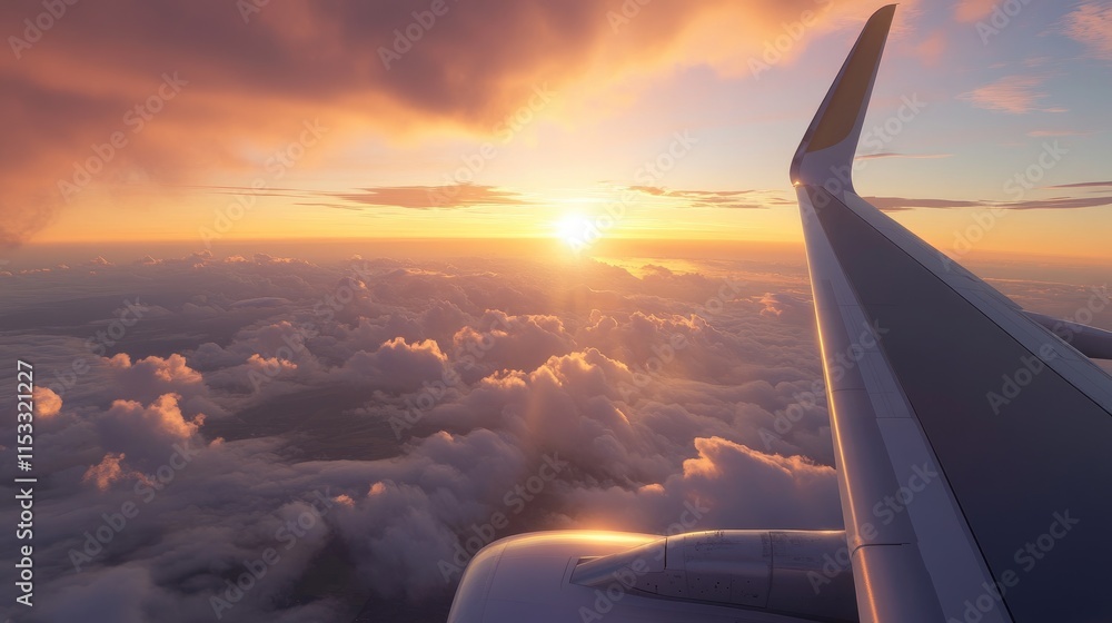 Poster a serene sunset view from an airplane, with soft sunlight breaking through clouds and casting a gold