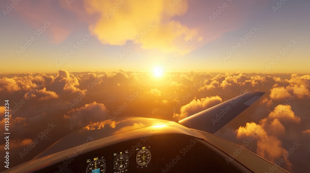 Poster a serene sunset view from an airplane, with soft sunlight breaking through clouds and casting a gold