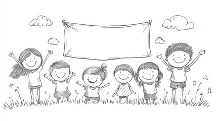 A simple sketch of happy children with a banner, perfect for educational, fun, or celebration themes, exuding innocence and joy.