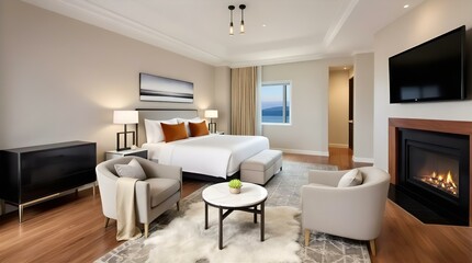 Fototapeta premium Luxurious Hotel Suite with Mountain View, Fireplace, and Modern Decor