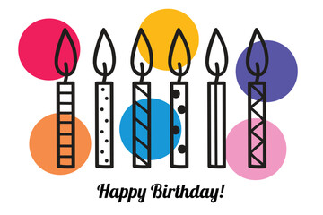 Birthday cake candles with fire flame. Small wax sticks with burning wick isolated on white background. Cute greeting card.