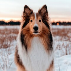 Adorable Shetland Sheepdog in Snowy Winter Landscape