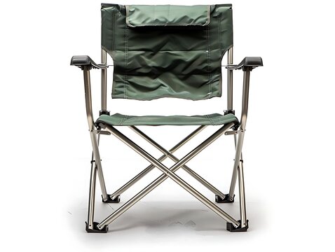 Green folding camping chair with aluminum frame and armrests, isolated on white background.