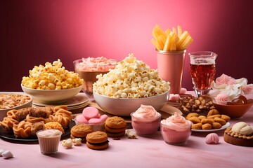 Abundant assortment of sweet and savory snacks, including popcorn, fries, cookies, cupcakes, and drinks, arranged on a pink surface against a pink backdrop.