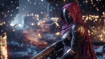 Naklejka premium A futuristic warrior in hooded armor stands in the snow, holding a powerful weapon. The glowing background contrasts with the falling snowflakes, creating a dramatic sci-fi atmosphere.. AI Generation