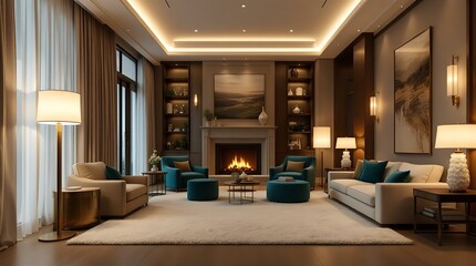 Luxurious Evening Living Room with Fireplace, Soft Lighting, and Modern Furniture