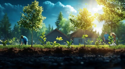 Celebration of earth day in a lush park setting with enthusiastic participants engaging in eco-friendly activities