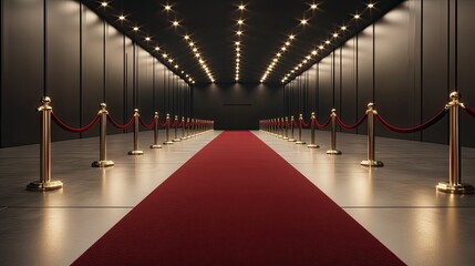 A stunning red carpet leads through velvet ropes under bright lights in a sophisticated setting, prepared for a memorable nighttime gathering