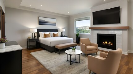 Luxurious Hotel Room with Mountain View, Fireplace, and Modern Decor, Viewed from Sitting Area