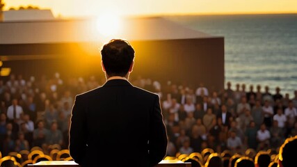 Leading into the Light: A powerful silhouette of a speaker addressing a large crowd, bathed in the golden glow of a setting sun, evokes a sense of hope, inspiration.